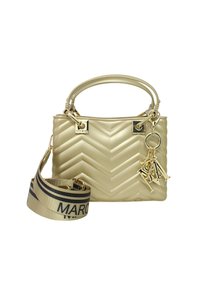 Borsa in similpelle dorata con motivo a zigzag trapuntato, dotata di manico superiore, tracolla staccabile e charm con logo metallico.