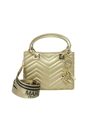 Borsa in similpelle dorata con motivo a zigzag trapuntato, dotata di manico superiore, tracolla staccabile e charm con logo metallico.