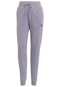 Světlolila adidas tepláky s šňůrkou v pase, bočními kapsami, žebrovanými manžetami a malým černým logem adidas na levém stehně.