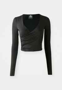 Zwarte lange mouwen crop top met een diepe V-hals, met een wikkelontwerp en gladde, rekbare stof. Strakke, minimalistische stijl.