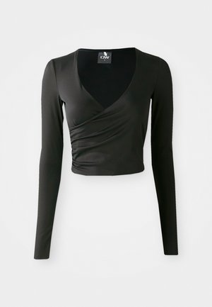 Black long-sleeve cropped top with a deep V-neck, featuring a wrapped design and smooth, stretchy fabric. Clean, minimalist style.