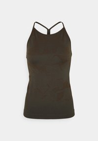 Dark olive green tank top with a fitted design, featuring a subtle pattern, adjustable thin straps, and a rounded hem.