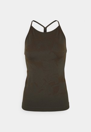 Donkergroen tanktop met een aansluitend ontwerp, voorzien van een subtiel patroon, verstelbare dunne banden en een ronde zoom.