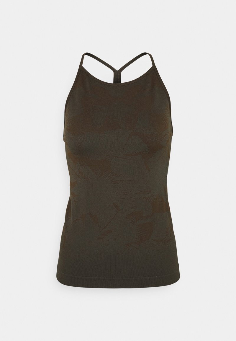 Dark olive green tank top with a fitted design, featuring a subtle pattern, adjustable thin straps, and a rounded hem.