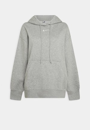 Grey hooded sweatshirt made of soft fabric, featuring a front pouch pocket, adjustable drawstrings, and a small white logo on the chest.