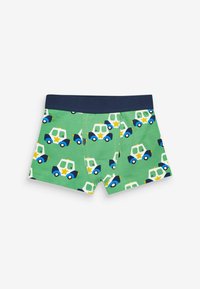 Groene katoen boxershorts met een herhaald patroon van blauwe en witte speelgoed politieauto's met gele sterren en een donkerblauwe tailleband.