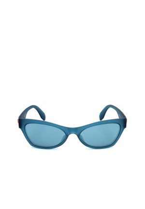 Occhiali da sole opachi blu a forma di occhio di gatto con lenti abbinate colorate di blu, mostrati frontale su sfondo bianco.
