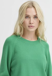 Grüner Strickpullover mit Rundhalsausschnitt, Rippbündchen und einer leicht lockeren Passform. Weiche Textur und subtile Raglan-Ärmelnaht.