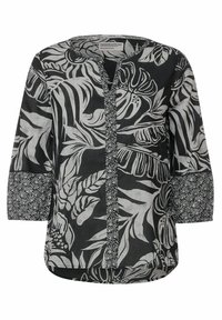 Camicia a fiori in bianco e nero con chiusura a bottoni, maniche a tre quarti e orlo arrotondato. Presenta polsini e dettagli del collo testurizzati.