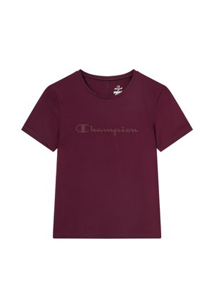 Bordeauxfarbenes T-Shirt mit kurzen Ärmeln und Rundhalsausschnitt, mit dezentem "Champion"-Logo auf der Brust.