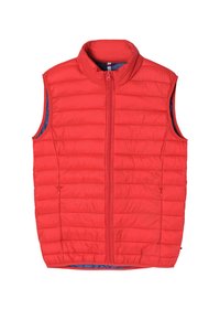 Rød quilted puffer vest med høj krave og lynlås foran. Har en blå inderside og ærmeløst design. Letvægtsmateriale i nylon.
