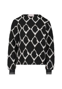 Zwarte trui met een witte fuzzy diamantpatroon, ronde hals en ribgebreide manchetten met een dunne witte streep.