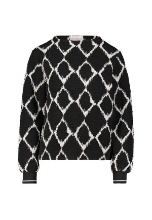 Schwarzer Pullover mit weißem, flauschigem Rautenmuster, Rundhalsausschnitt und gerippten Bündchen mit einem dünnen weißen Streifen.