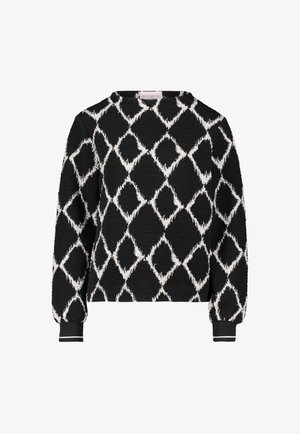 Schwarzer Pullover mit weißem, flauschigem Rautenmuster, Rundhalsausschnitt und gerippten Bündchen mit einem dünnen weißen Streifen.