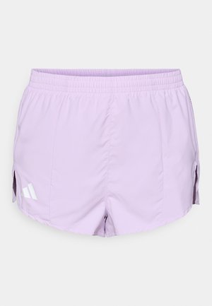 Lilac athletic shorts with an elastic waistband, side slits, and three white stripes logo on the left side. Lightweight, smooth fabric.