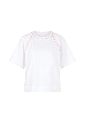 White short-sleeve shirt with a round neck, featuring pink and yellow stitching along the shoulder seams and neckline.