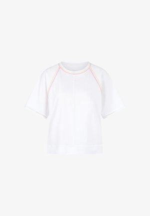 White short-sleeve shirt with a round neck, featuring pink and yellow stitching along the shoulder seams and neckline.