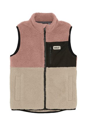 Ärmellose Fleece-Weste mit rosa Oberteil, beigem unteren Teil, schwarzer Brusttasche mit Reißverschluss und vorderem Reißverschluss.