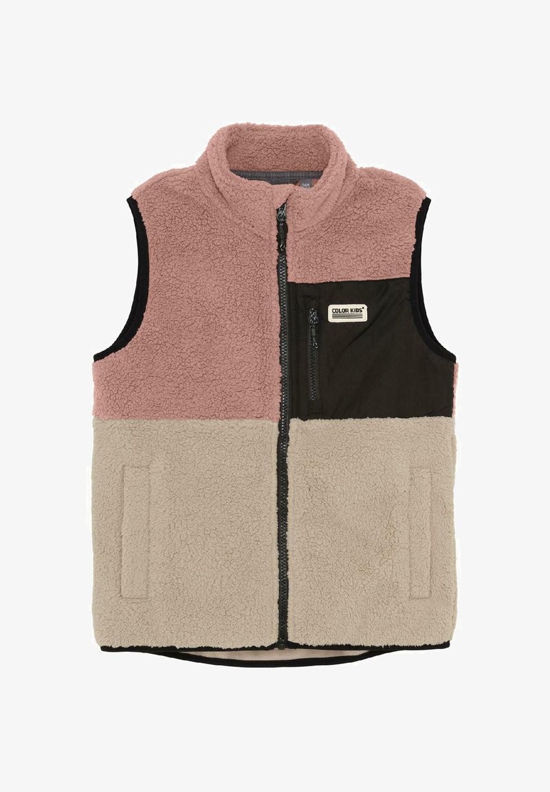Gilet in pile senza maniche con parte superiore rosa, parte inferiore beige, tasca sul petto nera con cerniera e chiusura frontale con cerniera.