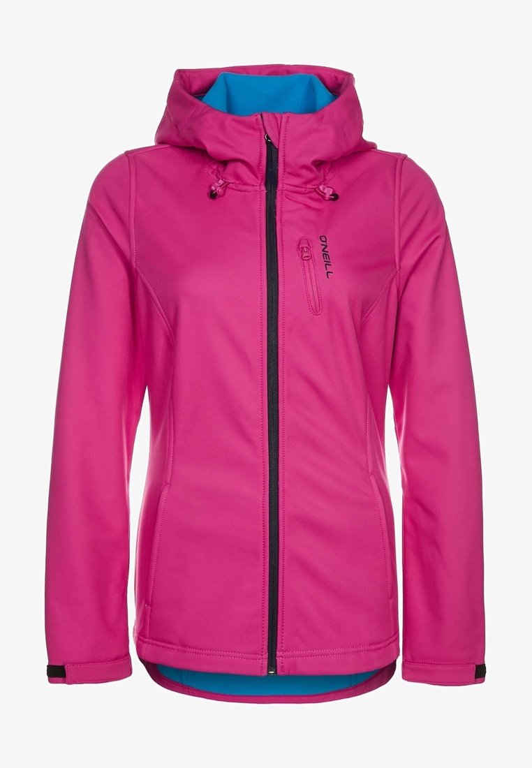 Veste à capuche rose vif avec fermeture éclair noire, une poche poitrine, logo O'Neill et doublure intérieure bleue, conçue pour temps froid.