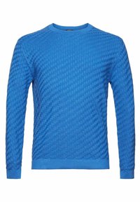 Modrý pletený svetr s texturovaným, vystouplým diamantovým vzorem. Má kulatý výstřih a dlouhé rukávy. Vyroben z měkké látky.