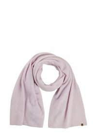 Écharpe en cachemire rose clair avec une texture douce, présentant un design simple et des bords finis, disposée en une boucle lâche.