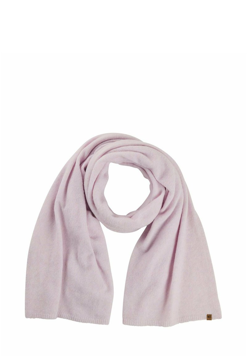 Écharpe en cachemire rose clair avec une texture douce, présentant un design simple et des bords finis, disposée en une boucle lâche.