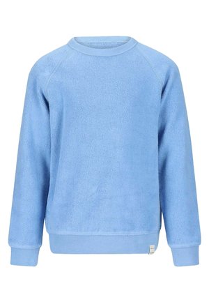 Bluza polarowa w jasnoniebieskim kolorze, z okrągłym dekoltem, długimi rękawami, ściągaczami na mankietach oraz miękkim, teksturowanym wykończeniem.