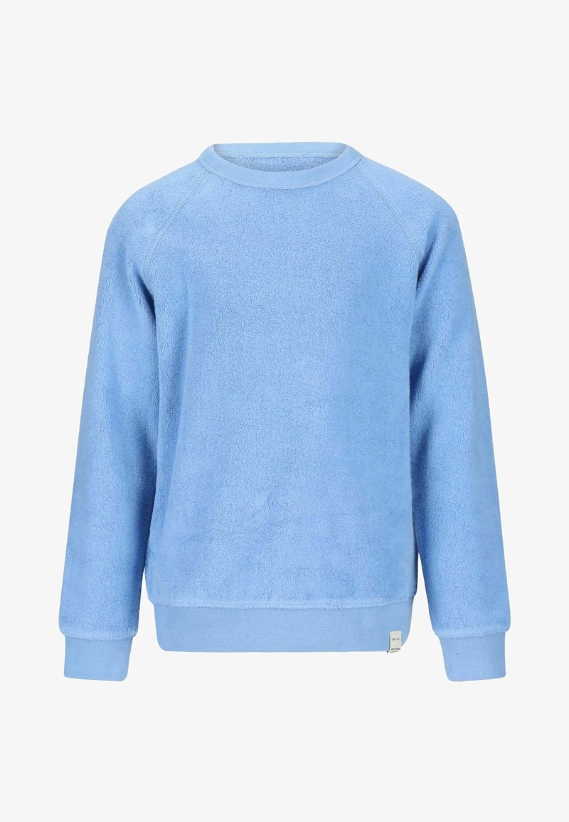 Bluza polarowa w jasnoniebieskim kolorze, z okrągłym dekoltem, długimi rękawami, ściągaczami na mankietach oraz miękkim, teksturowanym wykończeniem.