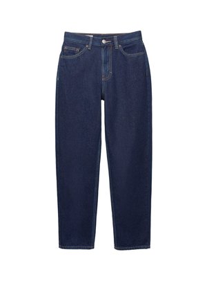 Donkerblauwe denim jeans met rechte pijpen, voorzakken, riemlussen en een knoopsluiting.
