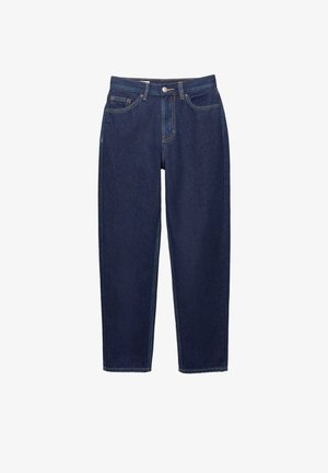 Jean en denim bleu foncé à jambes droites avec poches avant, passants pour ceinture et fermeture par bouton.
