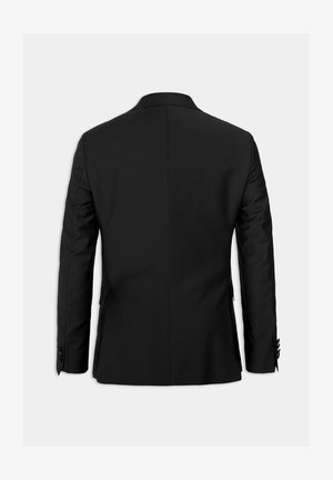 Blazer nero su misura, design monopetto, realizzato in tessuto liscio. Presenta un classico rever, due spacchi posteriori e polsini con bottone.