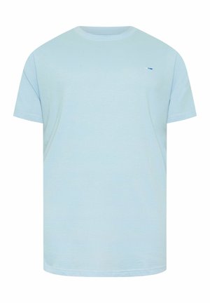 Hellblaues T-Shirt mit kurzen Ärmeln und Rundhalsausschnitt mit kleinem gesticktem Logo auf der linken Brust, schlichtes Design.