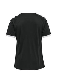 Zwarte sportieve t-shirt met korte mouwen, met witte bies op de mouwen en schouders, gemaakt van lichtgewicht, gladde stof.