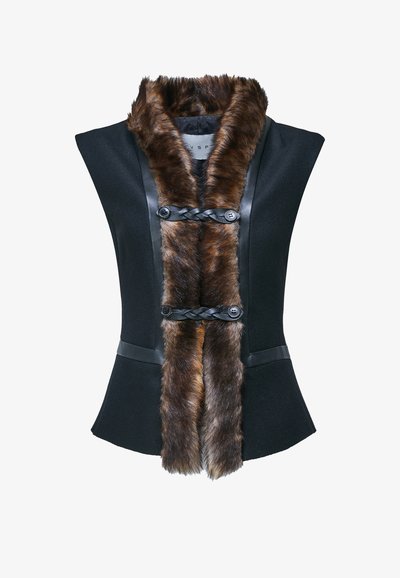 Veste noire sans manches avec bordure en fourrure marron sur le devant et fermetures à boutons en cuir tressé.