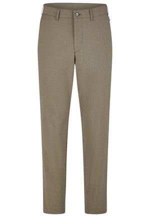 Gerade geschnittene beige Hose mit Gürtelschlaufen, Knopfverschluss und Vordertaschen, von vorne auf weißem Hintergrund gezeigt.
