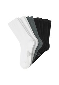 Five pairs of mid-calf socks in white, gray, and black, arranged overlapping with subtle size and brand text on the foot.