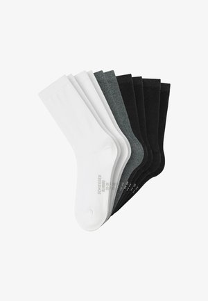 Five pairs of mid-calf socks in white, gray, and black, arranged overlapping with subtle size and brand text on the foot.