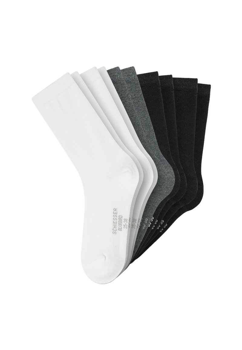 Five pairs of mid-calf socks in white, gray, and black, arranged overlapping with subtle size and brand text on the foot.