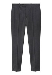 Pantaloni gri închis cu o croială adaptată, având o textură netedă, două pliseuri frontale, un sistem de închidere cu un singur nasture și bucle pentru curea.