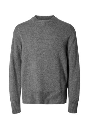 Maglione grigio a maniche lunghe con scollo rotondo, dotato di polsini, orlo e scollo a costine, realizzato in morbido tessuto a maglia.