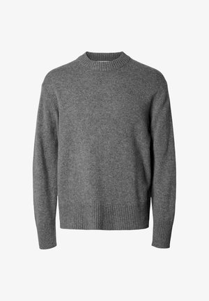 Grå langermet genser med rund hals og ribbestrikkede mansjetter, hem og nakkekant, laget av myk strikket stoff.