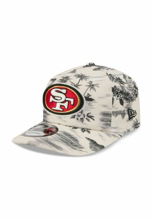 San Francisco 49ers cap with black and white tropical palm tree pattern and adjustable strap.