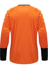 Oranje keepersshirt met lange mouwen, voorzien van gewatteerde elleboogaccenten, een textuur achterpaneel en zwarte manchetten. Witte logo op de mouwen.