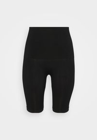 Shorts da ciclismo neri a vita alta realizzati in tessuto elastico, con una superficie liscia e un design fino al ginocchio. Nessun motivo o dettaglio visibile.