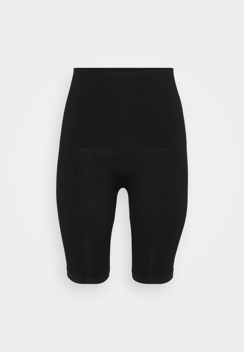Shorts da ciclismo neri a vita alta realizzati in tessuto elastico, con una superficie liscia e un design fino al ginocchio. Nessun motivo o dettaglio visibile.