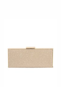 Beige rektangulær clutch med tekstureret overflade, der har små forhøjede prikker. Guldfarvet lås øverst. Glatte kanter og minimalistisk design.