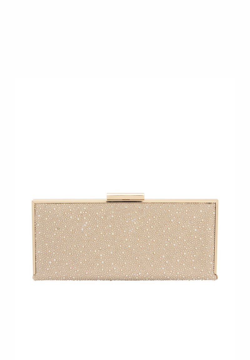 Beige rektangulær clutch med tekstureret overflade, der har små forhøjede prikker. Guldfarvet lås øverst. Glatte kanter og minimalistisk design.
