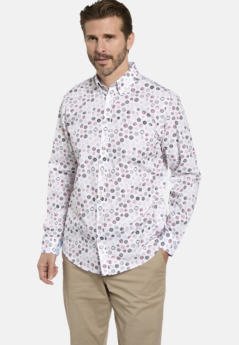 Hemd mit Knopfleiste aus leichtem Stoff; weiße Basis mit bunten kreisförmigen Mustern in Rosa, Schwarz und Grau; lange Ärmel, klassischer Kragen.