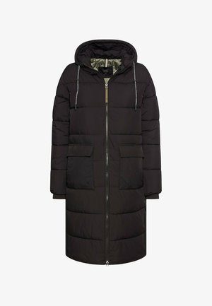Schwarzer, langer Daunenmantel mit Kapuze, ausgestattet mit einem Frontreißverschluss, zwei großen aufgesetzten Taschen und einer matten Oberfläche. Strukturierte horizontale Steppung über das gesamte Kleidungsstück.